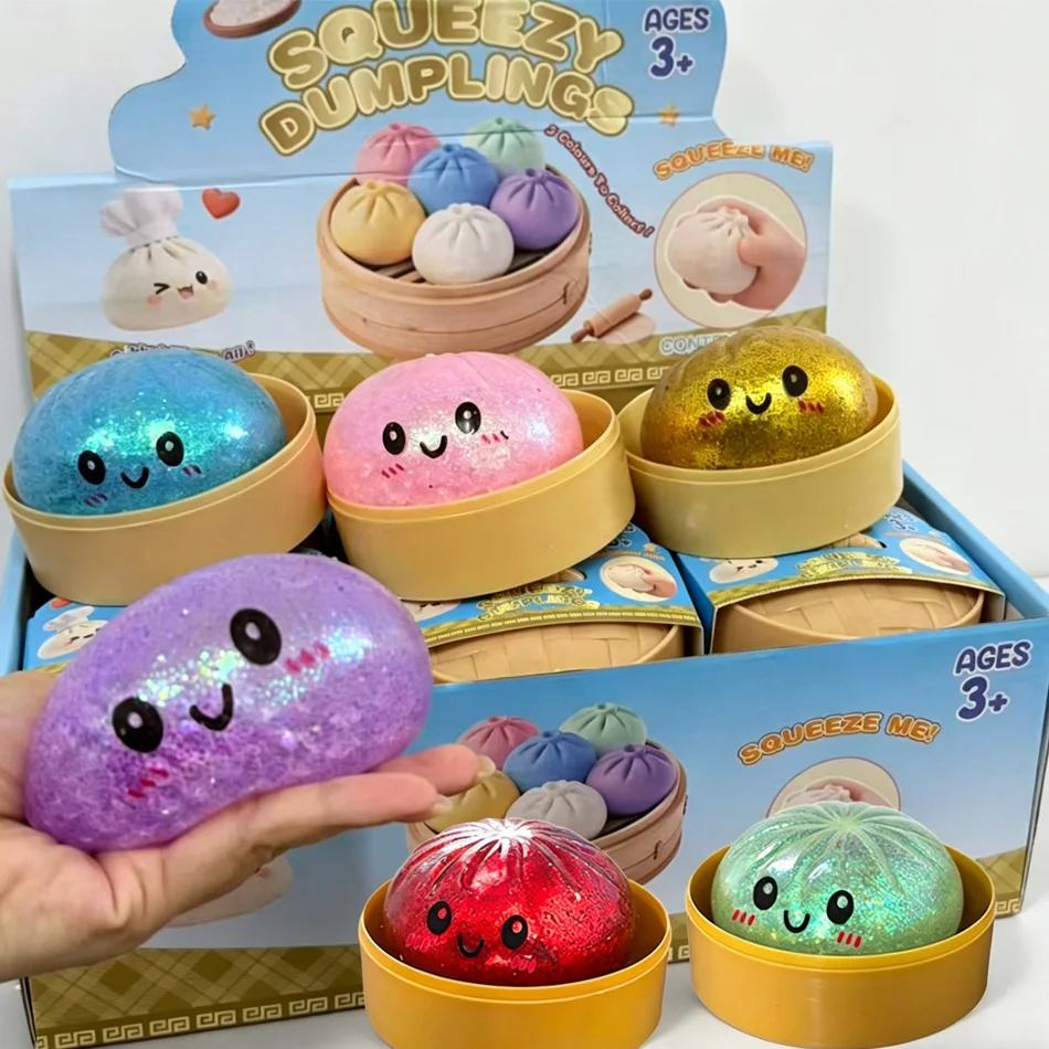 Glitter Dumpling Squishy with Box Dumplings Sensory Steamer Soft TPR Dough Ball for Decompression Fidget Toy Stress Relief Gift