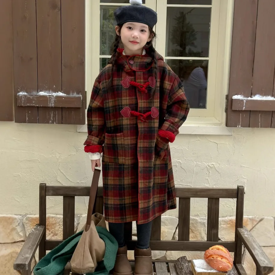 Winter Children Girls Long Duffle Coat Thicken Velvet Plaid Kids Girls Hooded Outerwear Vintage Cotton Toddler Girls Warm Jacket