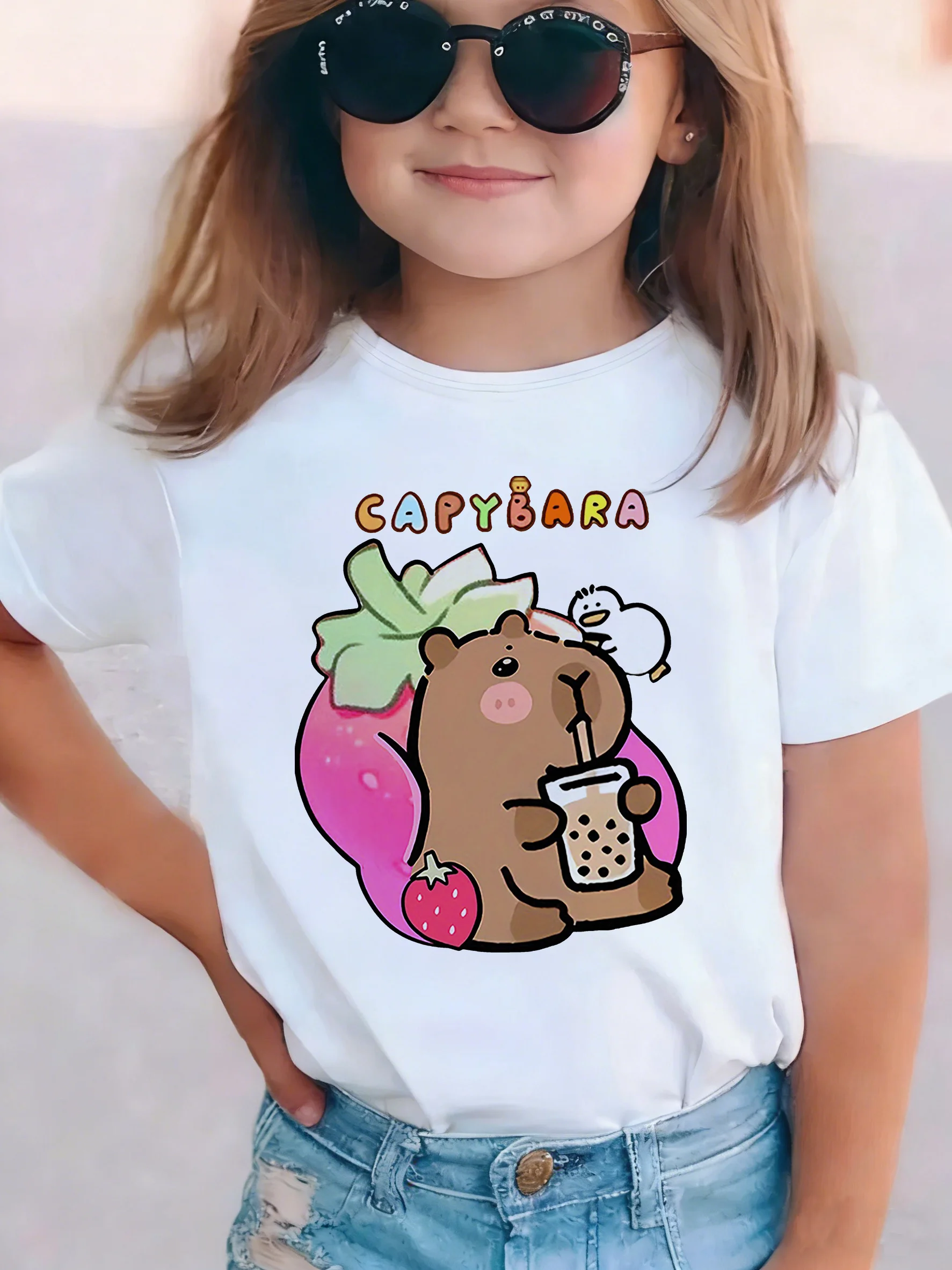 Cute Capybara Drinking Milk Tea Printed T Shirts Short Sleeve Kids Children's T-shirt Boys Girls Summer Spring Casual Top Tee