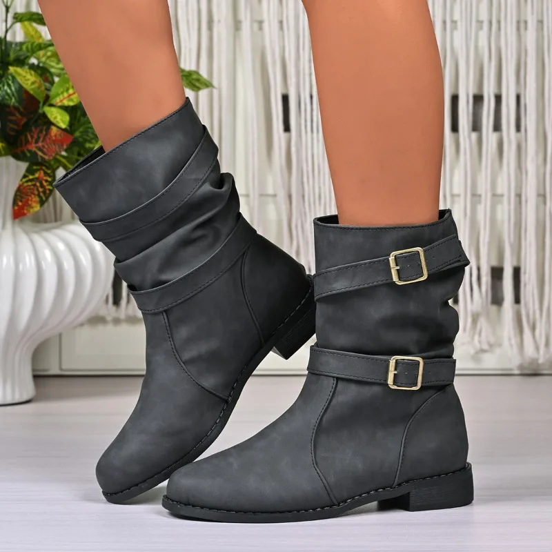 

Western Cowboy Boots Autumn and Winter New Round Toe Sleeve Metal Buckle Soft Sole Non-slip Block Heel Booties