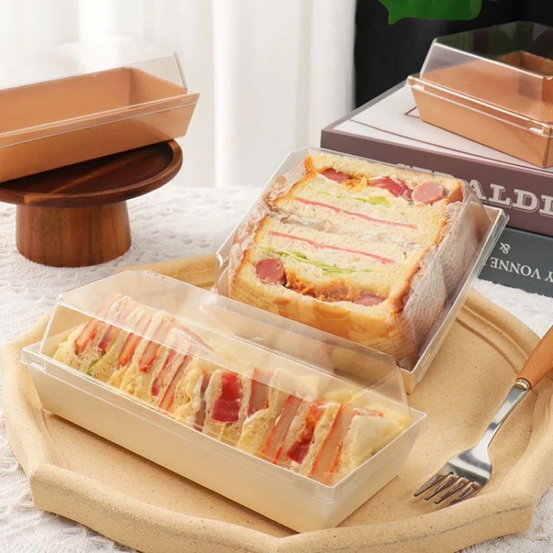 Caja de embalaje de sándwich de productos personalizados, bandeja de papel para perritos calientes, caja de sándwich de Drog Kraft con tapa transparente