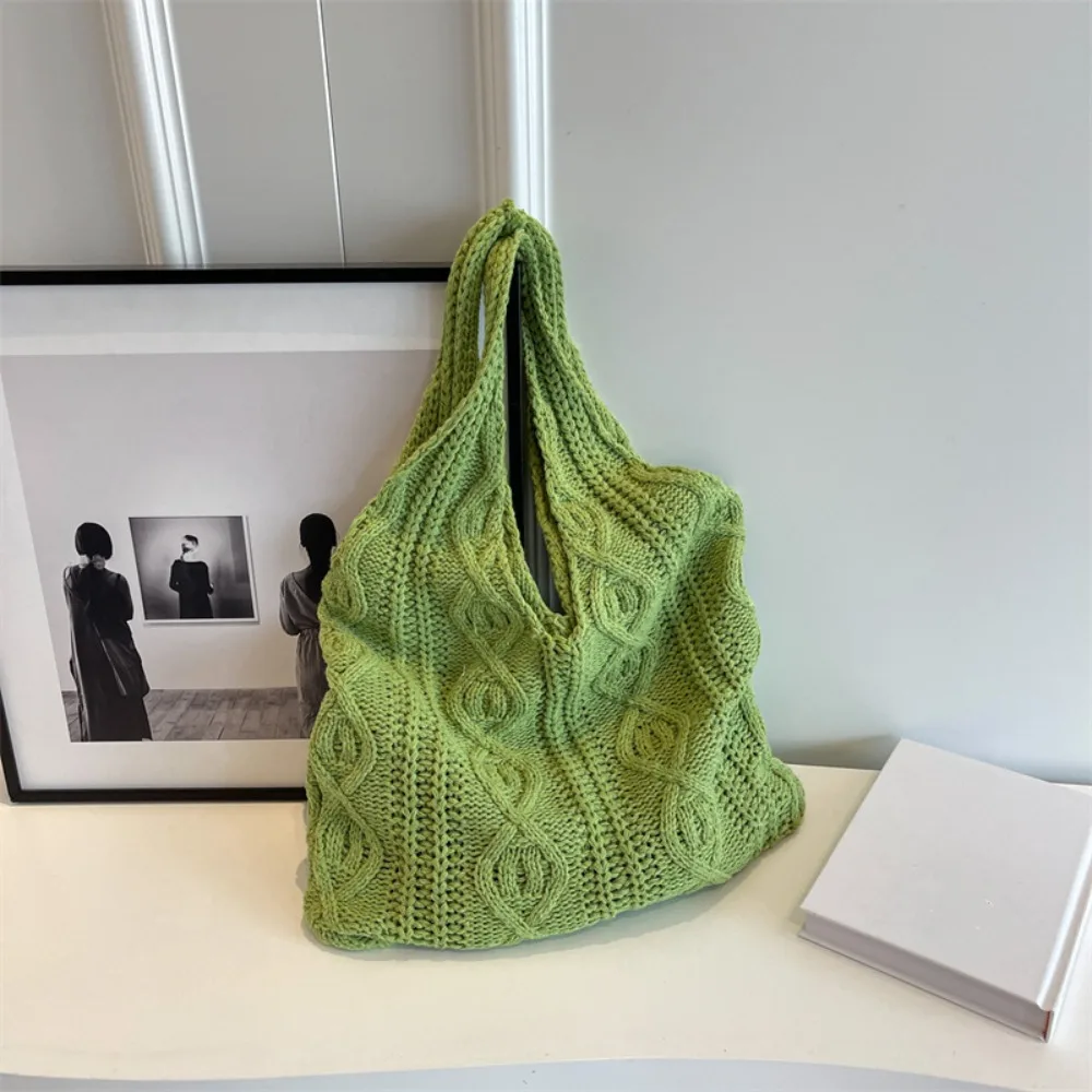 

Vintage Twists Wool Knitted Shoulder Bag Solid Color Handmade Crochet Tote Bag Soft Large Capacity Weave Handbag Daily