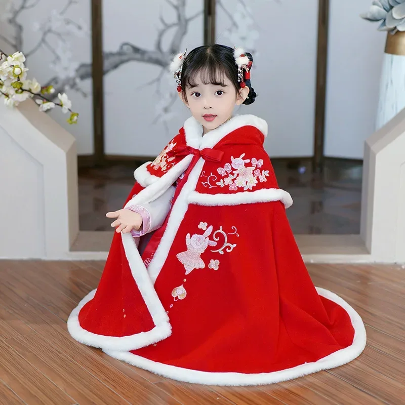 Red Thick Overcoat Hanfu Hooded Cloak Cute Girl Winter Warm Windproof Cape Cartoon Kids Floral Embroidery Chinese New Year Gift