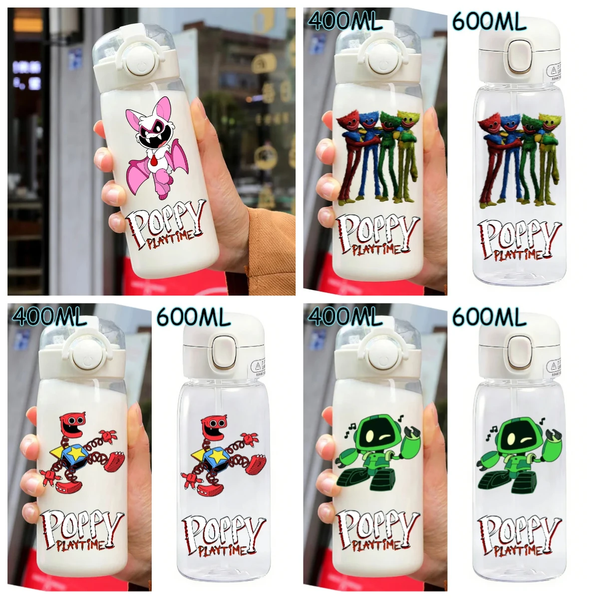 400/600ML Poppy Playtime Transparent Water Cup Outdoor Chilli Large Capacity Sport Water Bottle Straw Portable Plastic Bottle