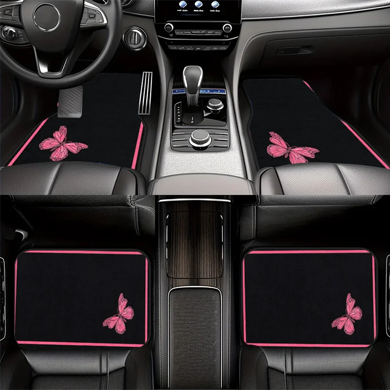 4pcs Polyester Fiber Pink Butterfly Cute Printed Fashion Easy Car Floor Mats, Practical Car Interior Decoration Additions