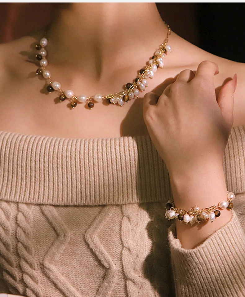 

Natural Pearl Tiger Eye Stone Jewelry Set For Women Fashion Charm Chain Necklace Bracelet Two-piece Suit Party Daily Wear Gift