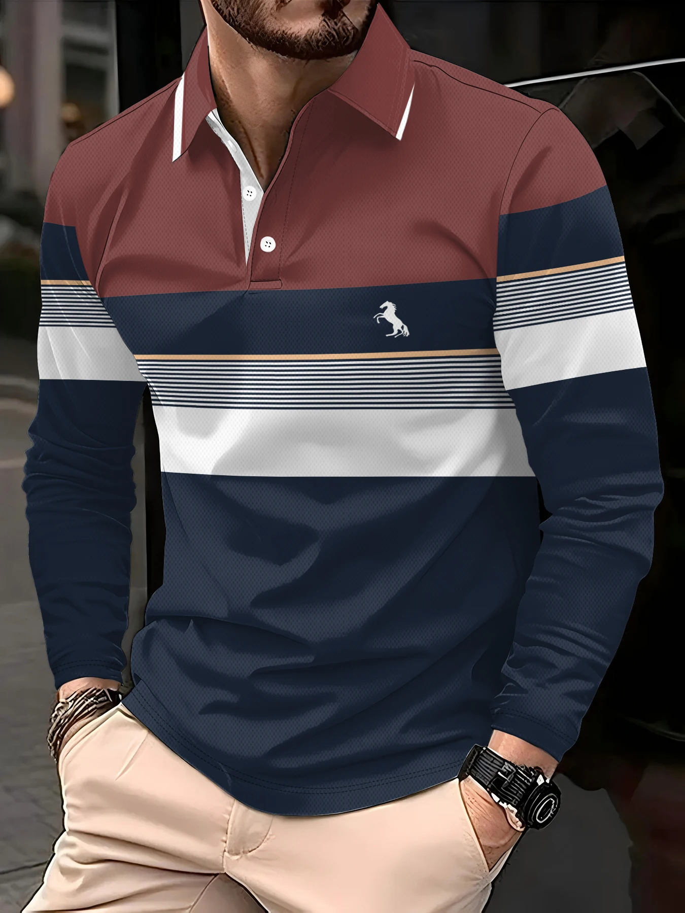 Men's Polo shirts for autumn and winter with fashionable buttons featuring daily stripe patterns long-sleeved Polo shirts