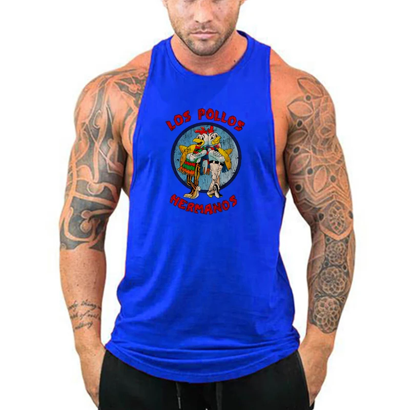 LOS POLLOS Hermanos Funny Printed Gym Clothing Mens Bodybuilding Fitness Running Tank Tops Cotton Cool Sleeveless Sport Shirt