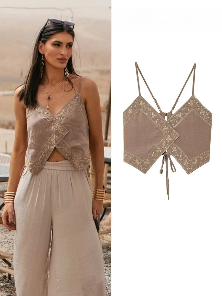 

Новые женские модные короткие топы 2026 года, светло-коричневые, с V-образным вырезом, без рукавов, с вышивкой и шнуровкой, летние сексуальные топы-слинги для женщин