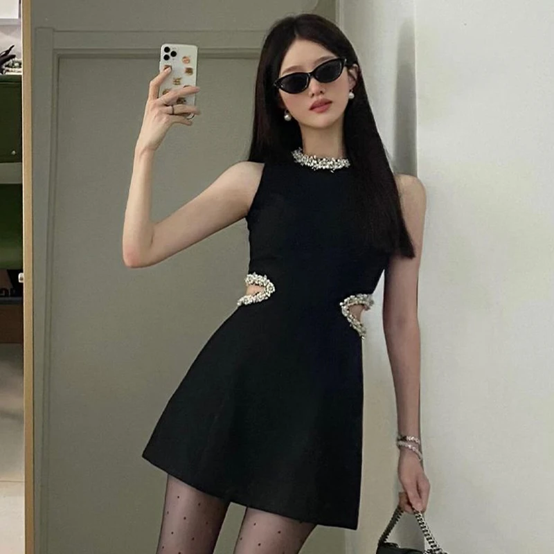 Kralen Borduren O Hals Jurk Vrouwen Zwart Sexy Slanke Mouwloze Klassieke Jurk Premium Werkkleding Elegantie Uitgesneden Vestidos