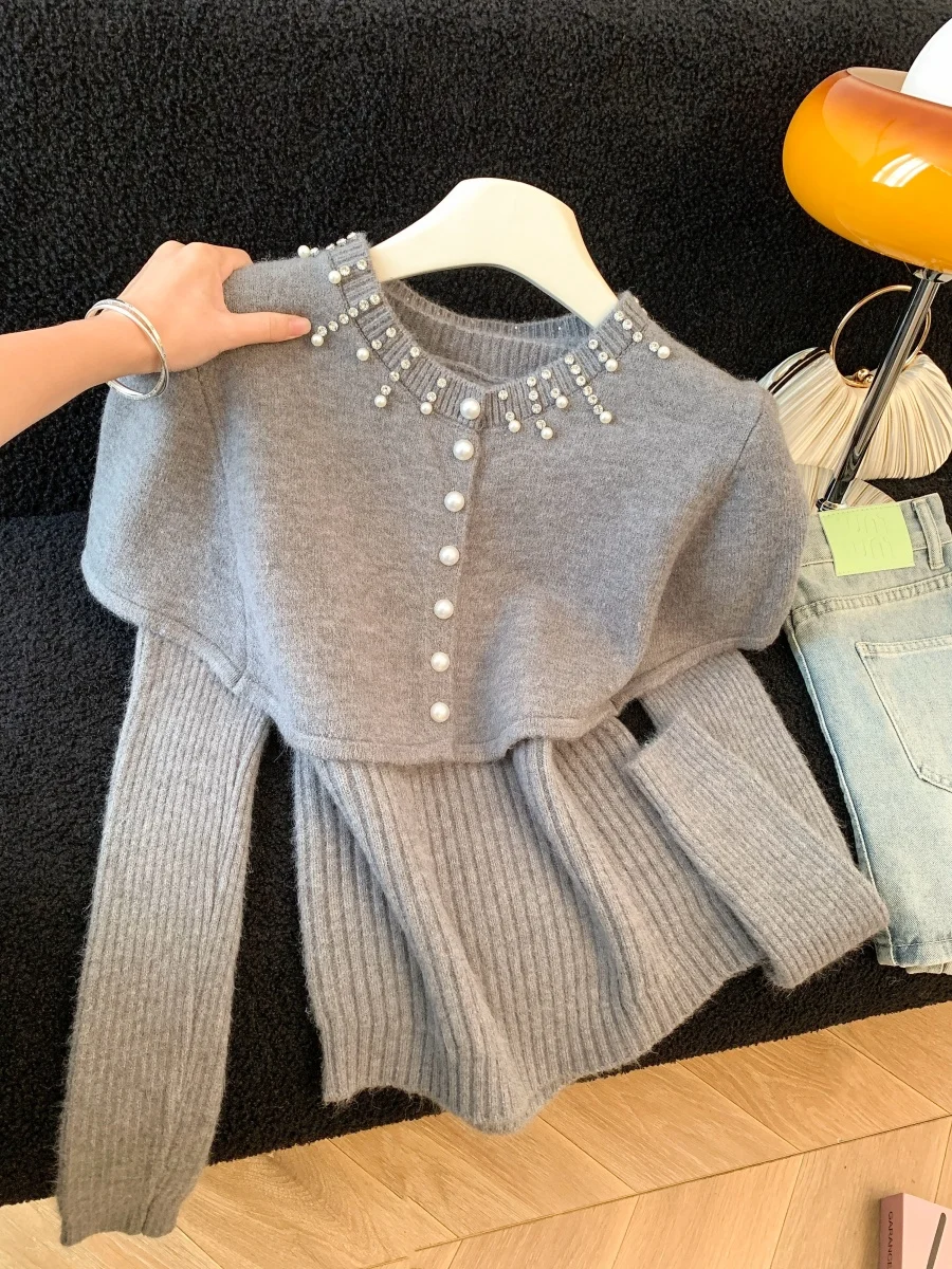 

Women's Grey Knit Pullover Korean Style Shawl Sweater 2000s Vintage Long Sleeves Cozy Cashmere Sweater For Women Clothes Winter