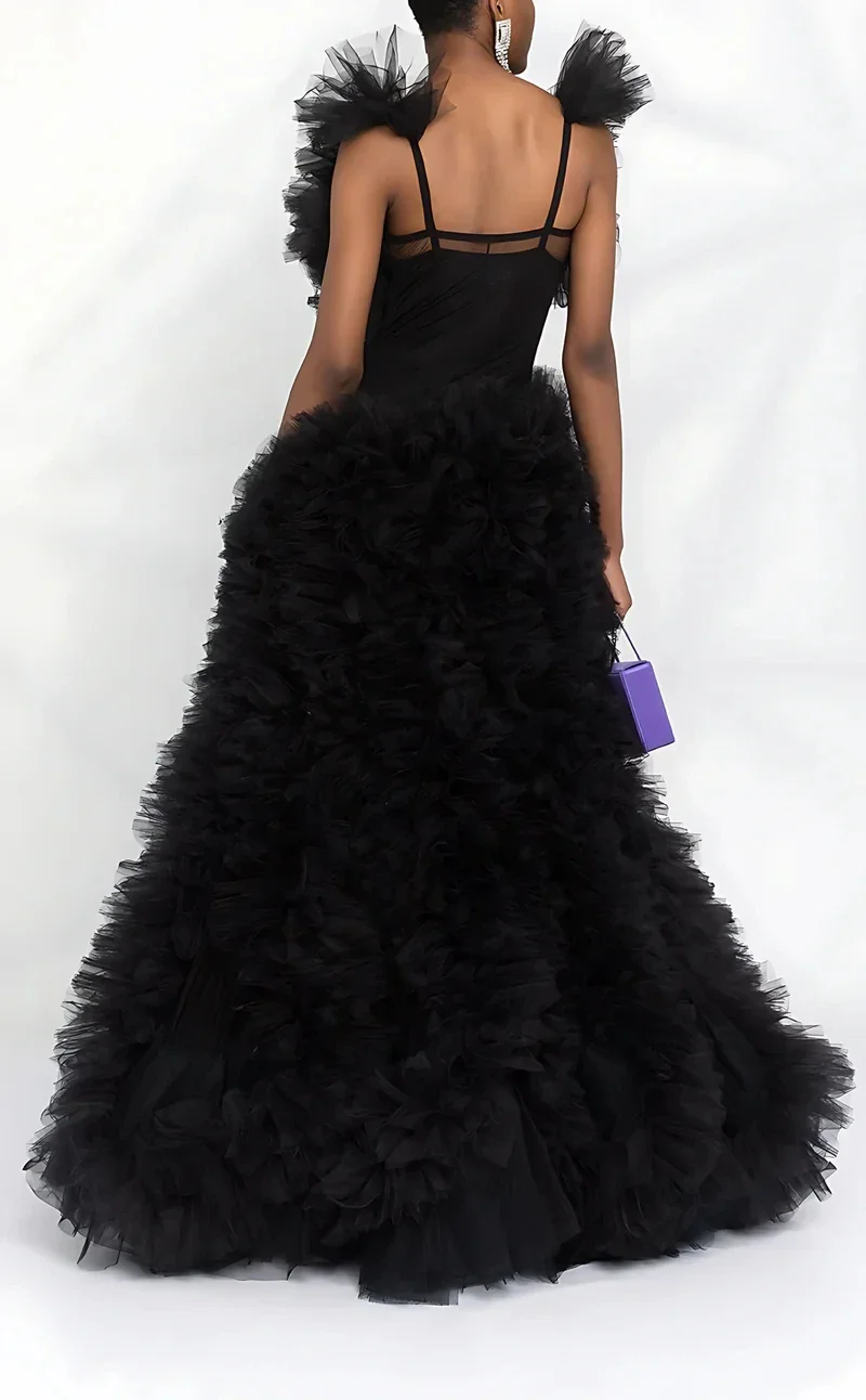 Puffy longo vestidos de baile babados uma linha preto árabe vestido formal espaguete volta personalizado decote em v maxi vestidos em camadas luxo