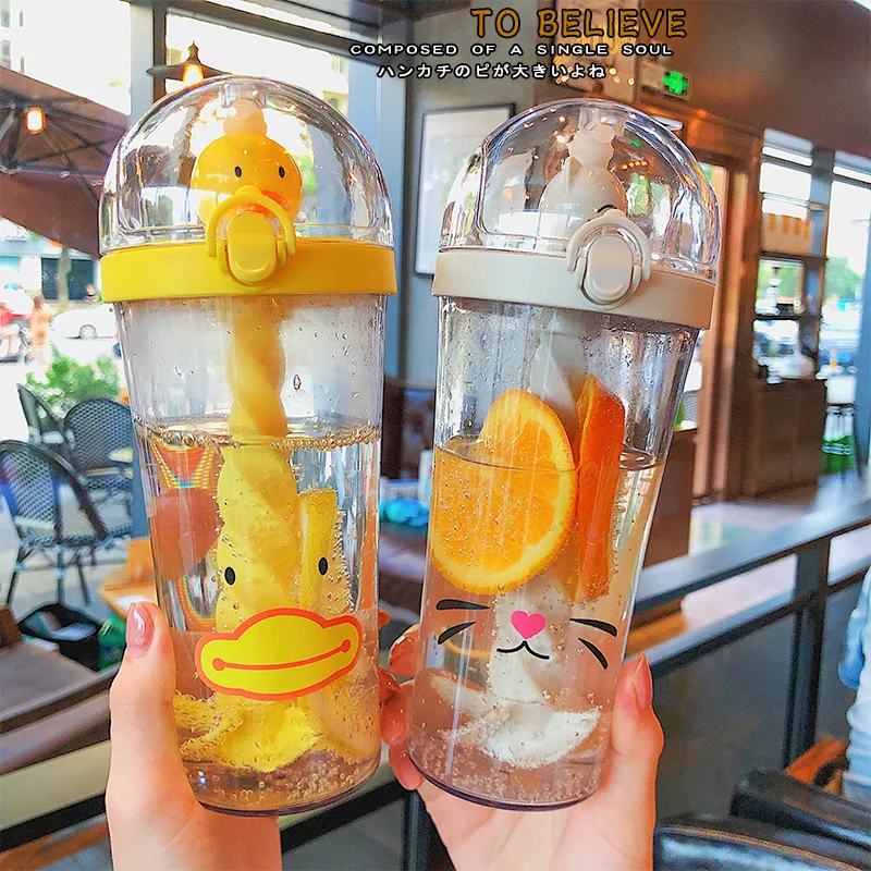 INS Cute Cartoon Animal Blending Cup Large Capacity Plastic Straw Cup Student's Couple's Creative Gift Cold Water Beverage Mugs