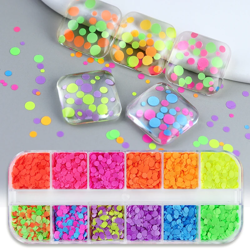 Caja de lentejuelas redondas fluorescentes, relleno de resina epoxi, Burbuja de neón, cabujón, confeti, colgante DIY, fabricación de relleno artesanal de verano, 12 rejillas por caja