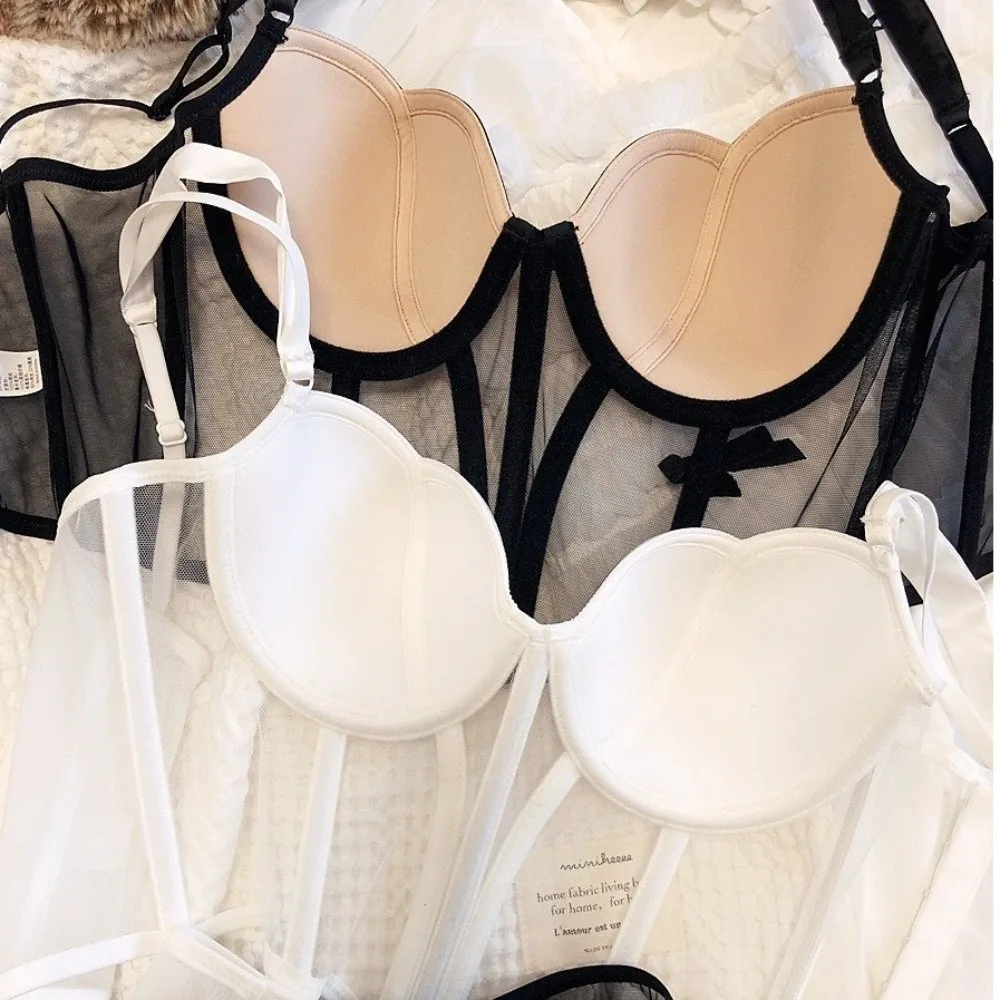 Chic Mesh Fishbone Corset Waist Tight Sleeveless Slim Crop Top Lingerie Transparent Suspender Vest Bra Business Banquet