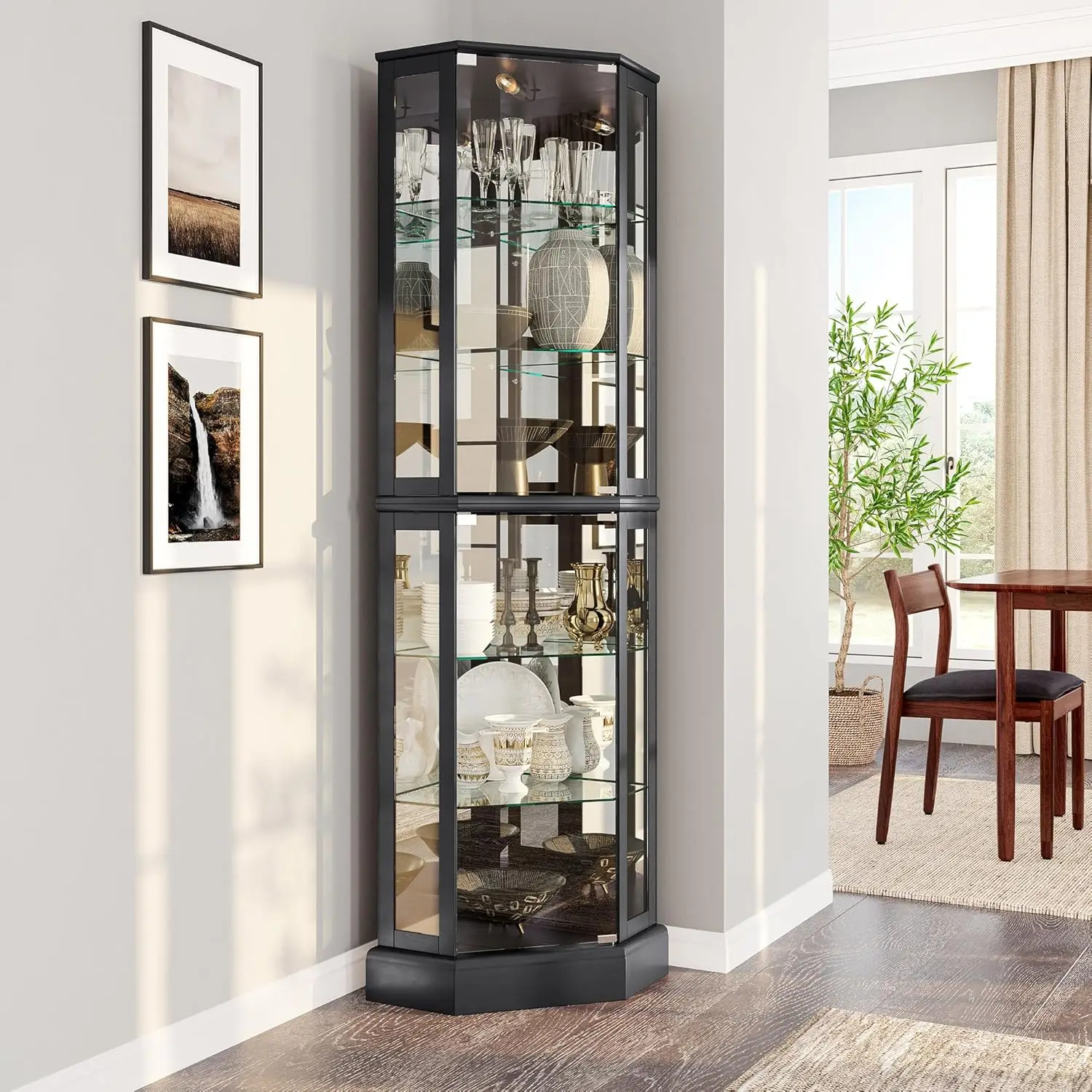 Lighted 3-Side Glass Display Curio Cabinet with Tempered Glass Doors and Shelves, Curved Wood Corner Cabinet with Bulb