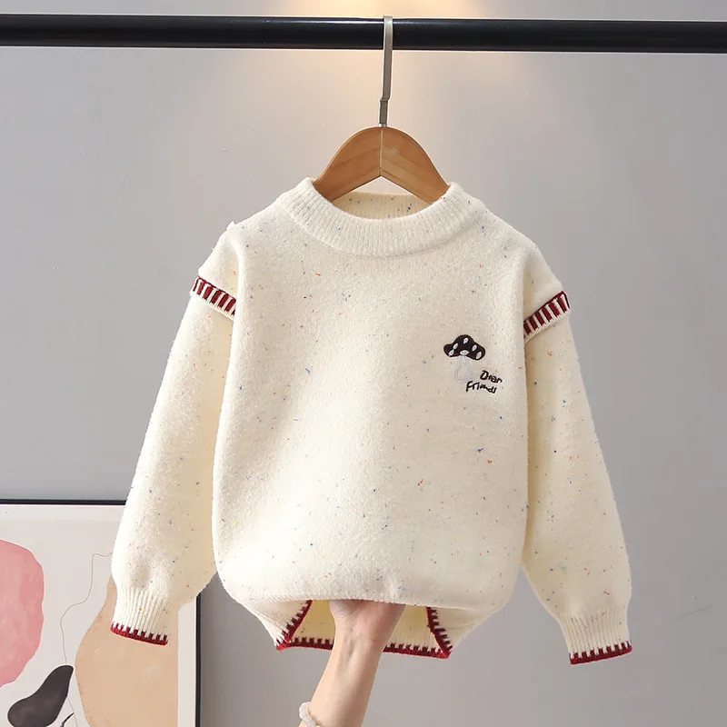 Kids Cute Mushroom Embroidery Sweater Girls Color‑Speckled Crew‑Neck Knit Pullover Soft Warm Autumn Winter Knitwear Tops JY09041