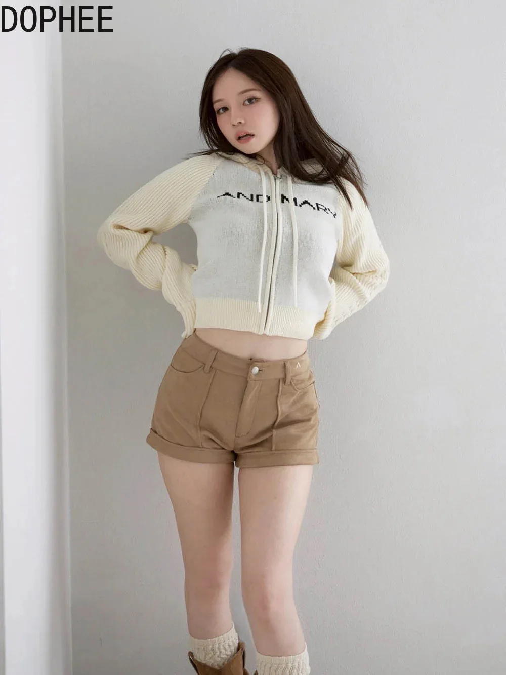 

Japanese New Autumn Hot Chick Short Knitted Cardigans Coat Colorblock Letter Hooded Zip Sweater Top Long Sleeve Black Camisole