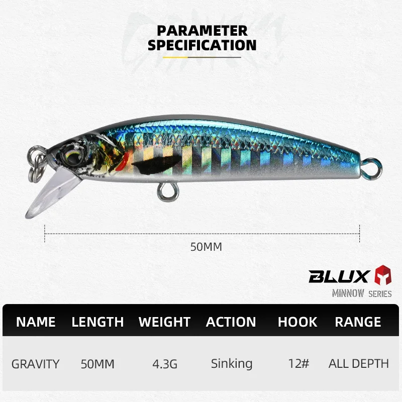 BLUX Gravity Minnow 50mm 4.3g Long Cast Heavy Shinking Fishing Lure Wobbler Freshwater Saltwater Bass Pike Hard Plastic Bait