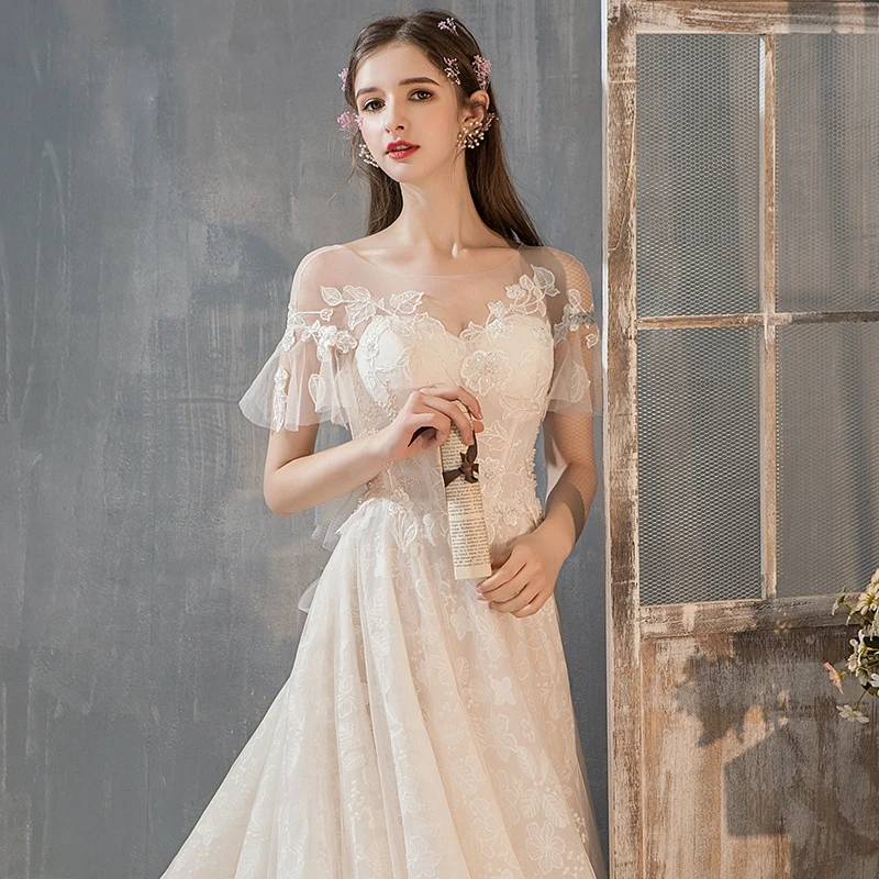 Elegant Appliques O-Neck A-Line Illusion Neck Tulle Wedding Dresses for Women 2024 Sweep Train Bridal Gowns Vestido De Noiva