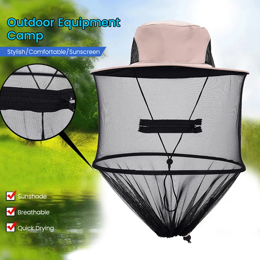 

Outdoor Net Hat With Face Netting, Sun Protection With Hidden Net Mesh Mask Foldable For Fishing Hiking Gardening Beekeep