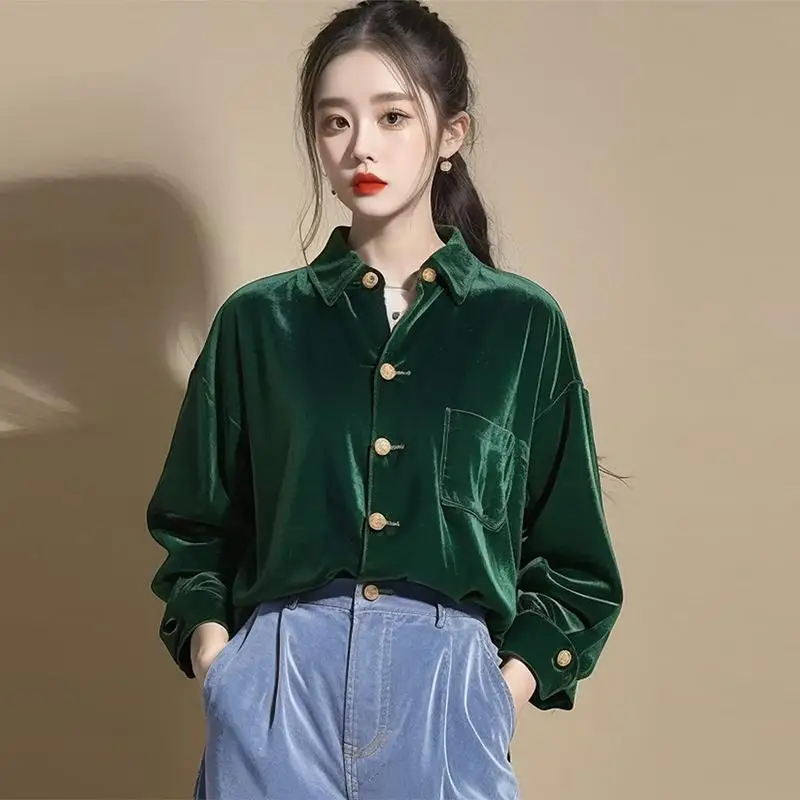 Korean Velvet Shirt Spring Summer Lady Long-Sleeved Shirt Retro Top Casual Light Luxury Smooth Comfortable