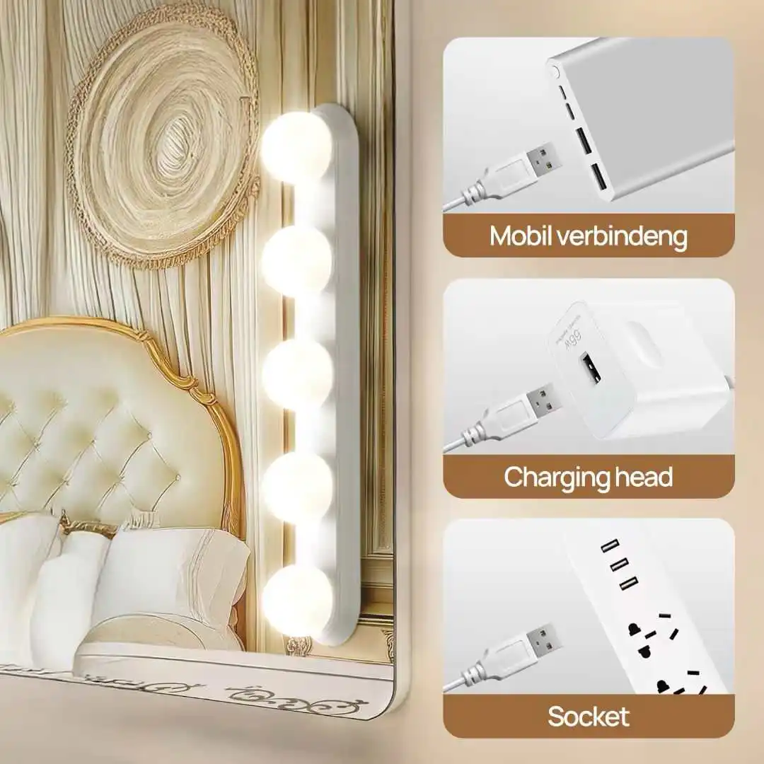 ضوء مرآة الغرور LED، سطوع قابل للتعديل بثلاثة ألوان، مصباح طاولة الزينة يعمل بمنفذ USB، مناسب لمرايا وخزائن الحمام
