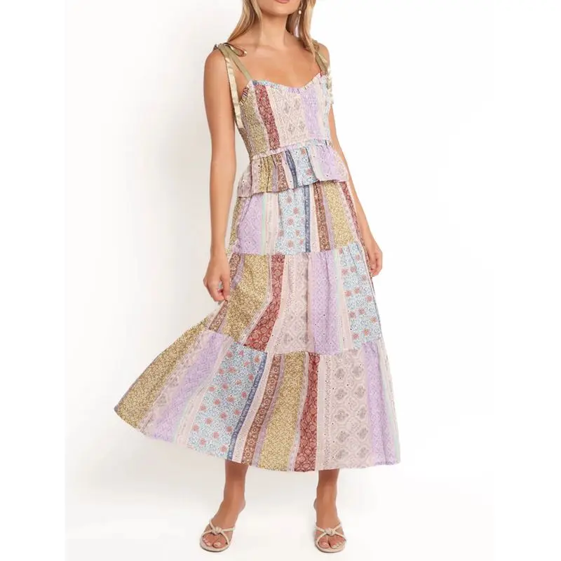 Combhasaki Women Summer Boho Floral Print Contrast Color Silky Straps Tied Sleeveless Ruffle Trim Smocked A-Line Cami Long Dress
