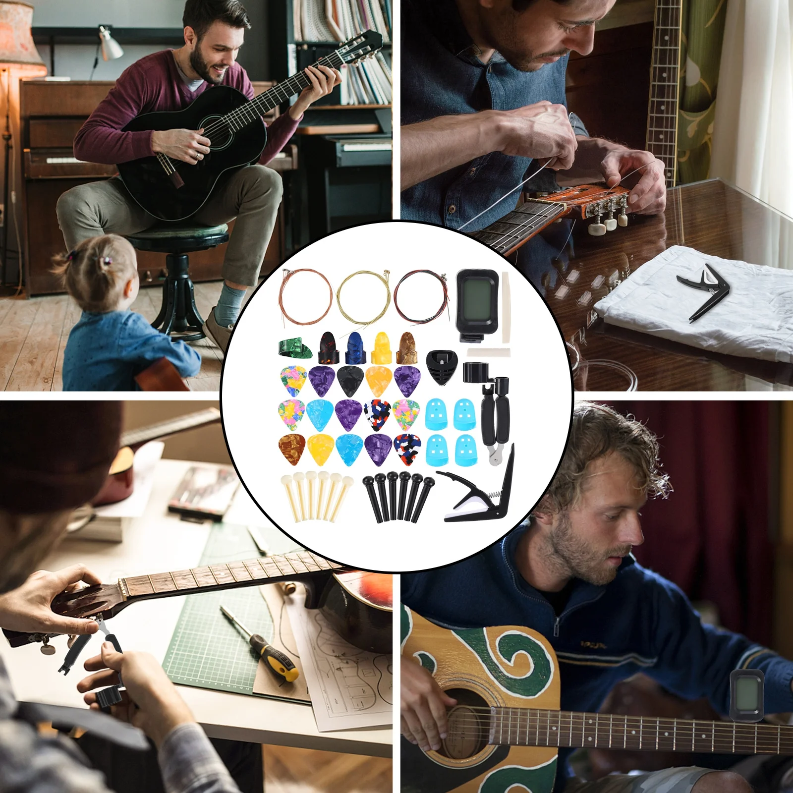 

1Set Guitar Strings Changing Kit Plastic Alloy Durable Repair Tool Capo String Winder Bridge Saddle Nut Pin Finger Protector