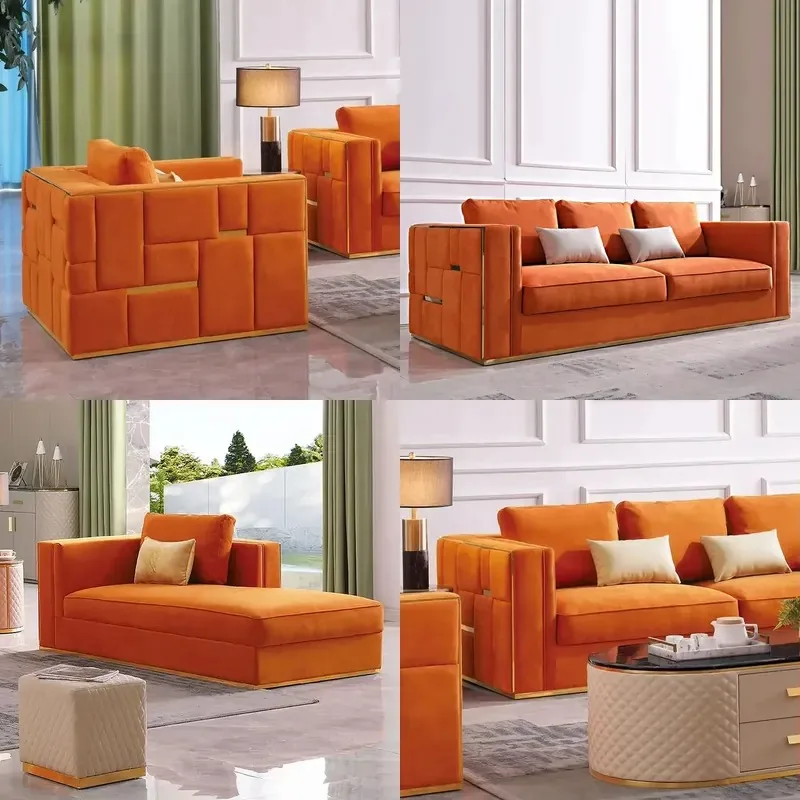 High-end luxury reclining tufted velvet combination sofa set with stainless steel frame, suitable for living rooms and