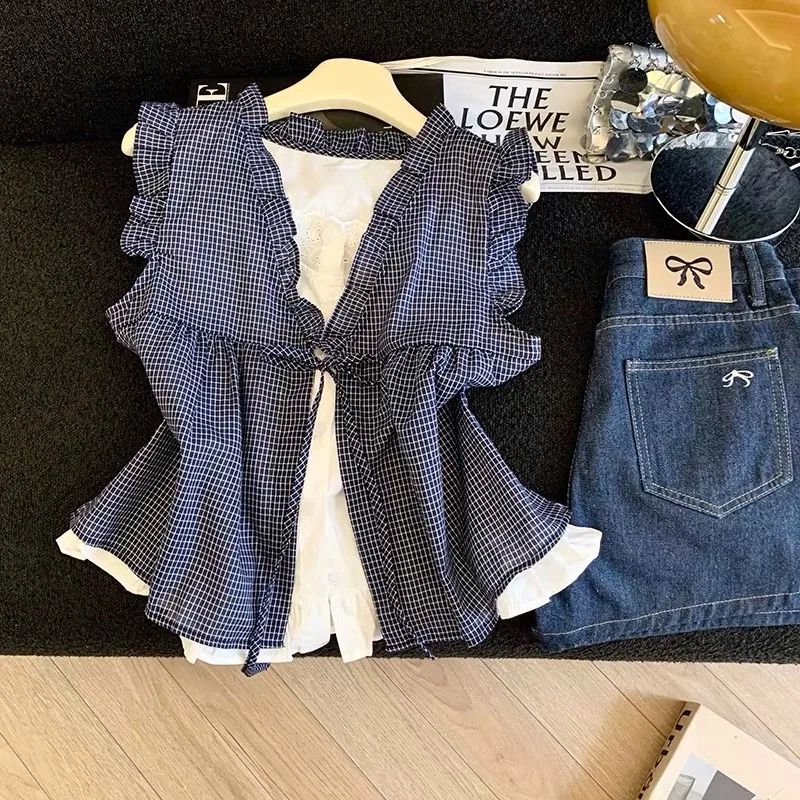 

Slimming Chic Korean Style Faux Two-Piece Shirt Women's Summer 2026 Fashionable Fly Sleeve Base Shirt French Style Loose Fit