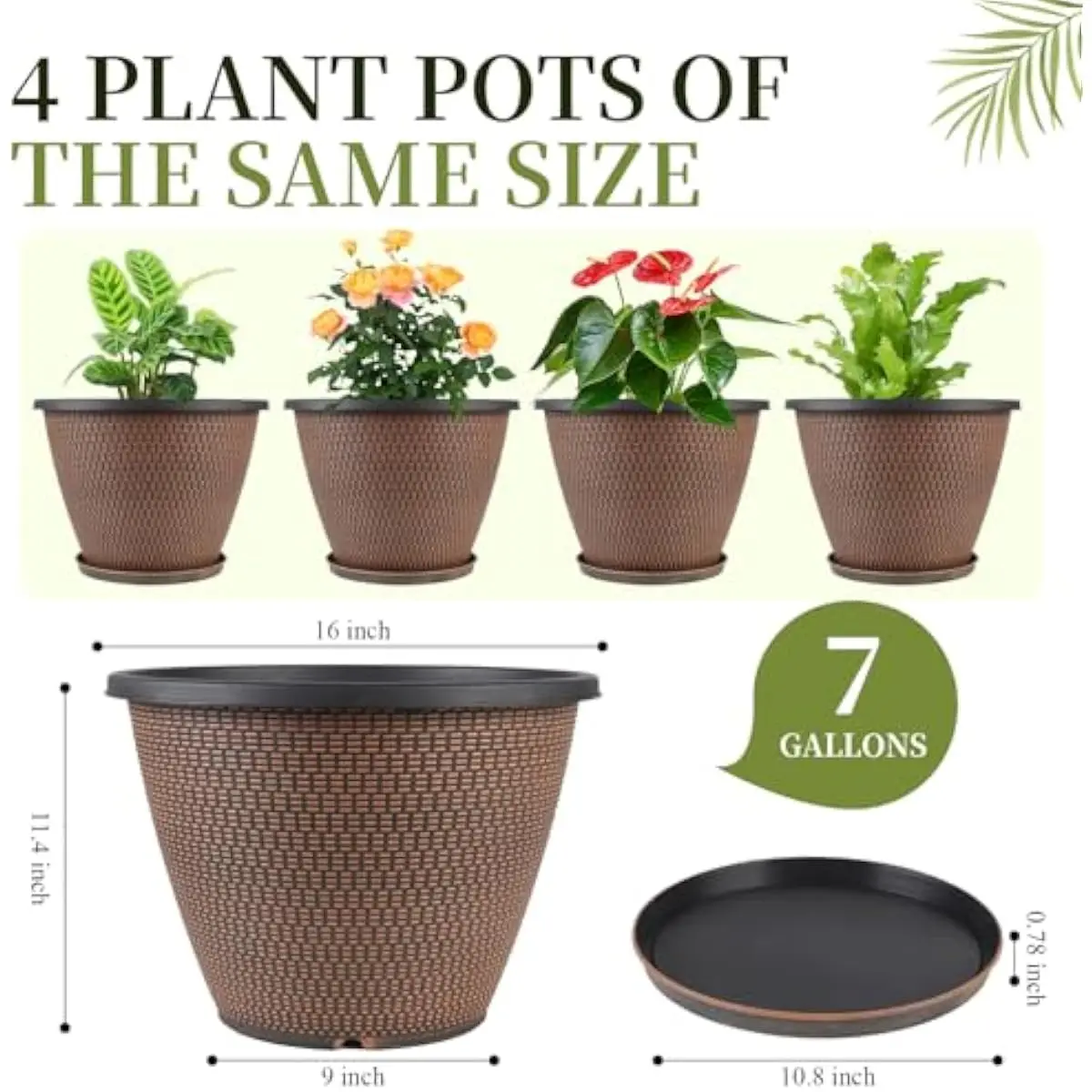 4-pack 16-inch modern plastic planters with drainage holes and matching saucers – lightweight UV-resistant weatherproof outdoor