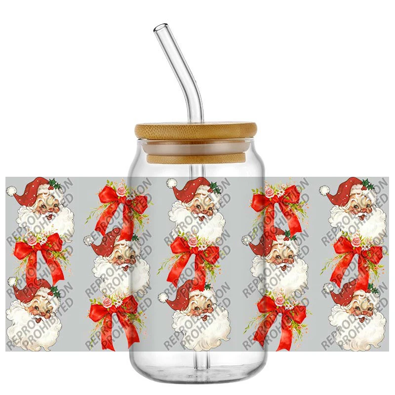 Vintage Christmas Santa Claus Bow UV DTF Cup Wrap Stickers Waterproof No Heat Transfer for 16oz Libbey Glass Can Xmas Decal