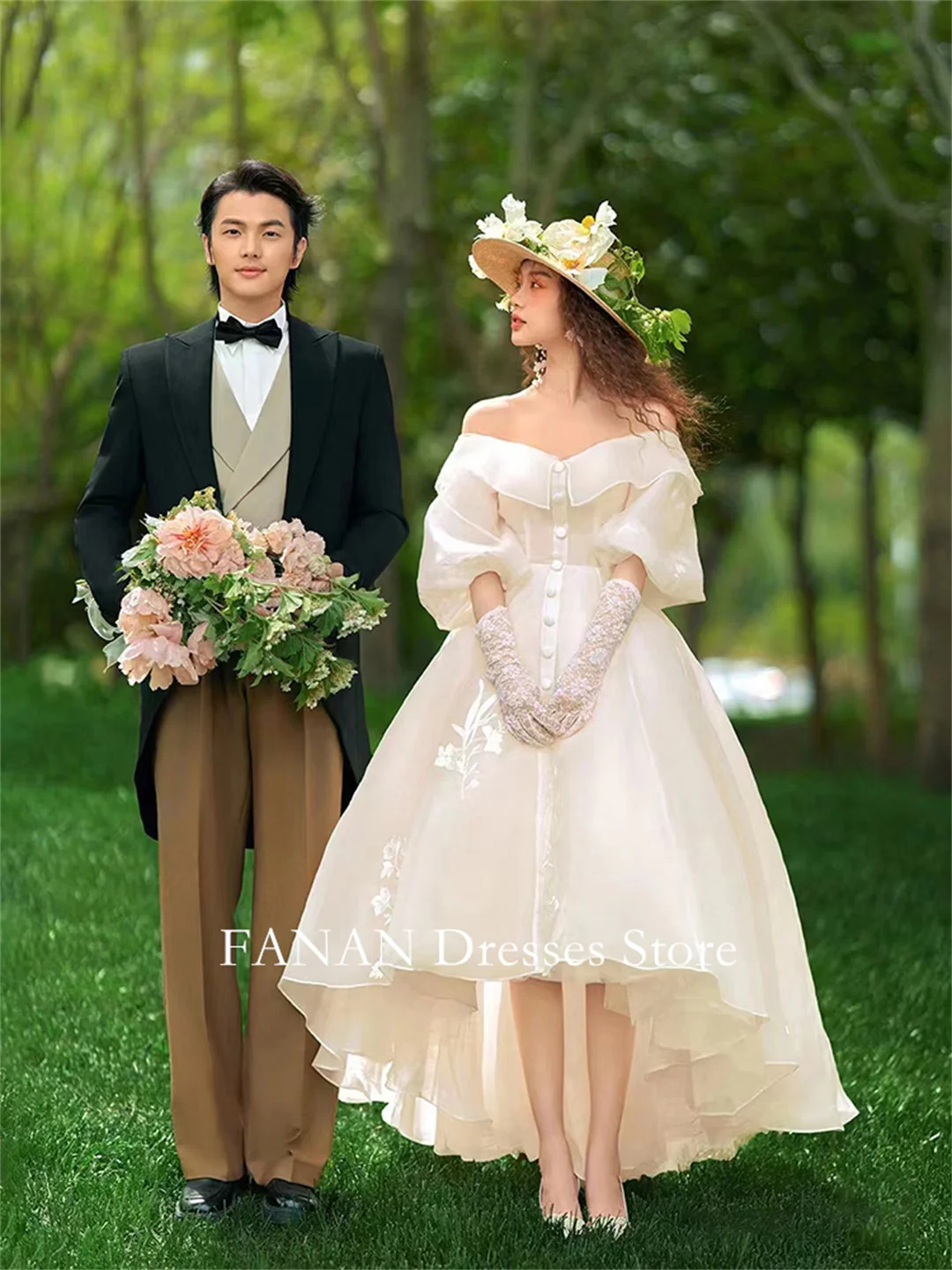 FANAN Korea Customized Wedding Dresses 웨딩드레스 High Low Princess Vinatge Tulle Appliques Custom Made Bride Gowns Plus Size