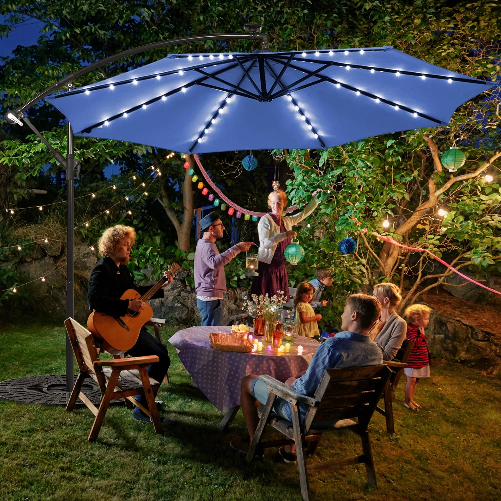 

10ft Solar Patio Umbrella Outdoor Offset Hanging Umbrella w/ 40 LED Lights Blue