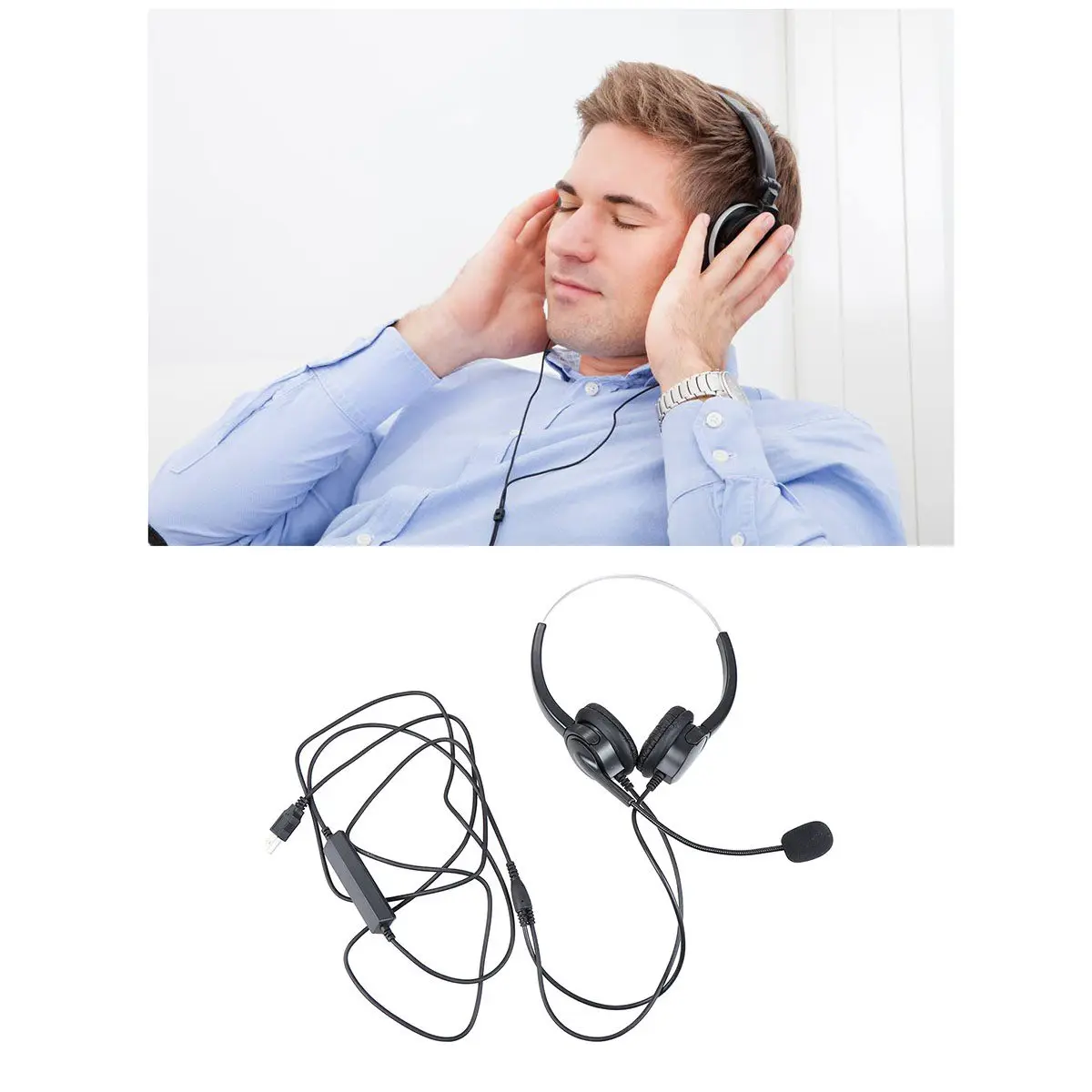 Head-Mounted Microphone Wired Dual Ear USB Black Ergonomic Noise Reduction Mic Rotatable Beam for Sales Telemarketing Speaker