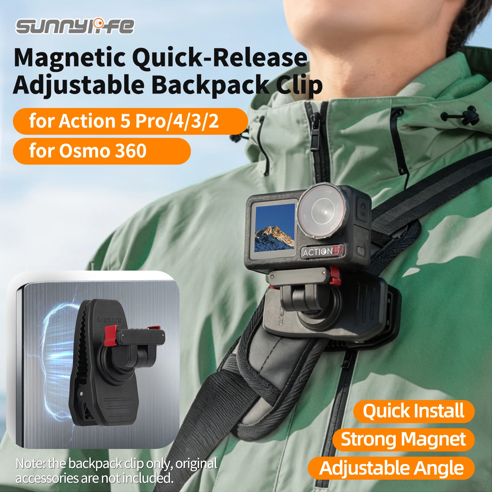 Magnetische Rucksack-Clip-Halterung für DJI OSMO 360/Action 5 Pro/4/3/2, verstellbare 360-Grad-Drehung, Schnellverschluss-Clip-Zubehör