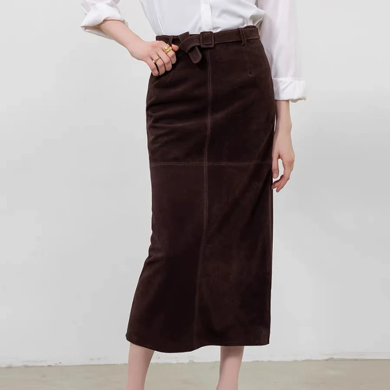 Retro Kid Leather Lambskin Skirt Soft  Long Skirt with Waist Belt Calf Length Skirts For Women Fashion Clothing