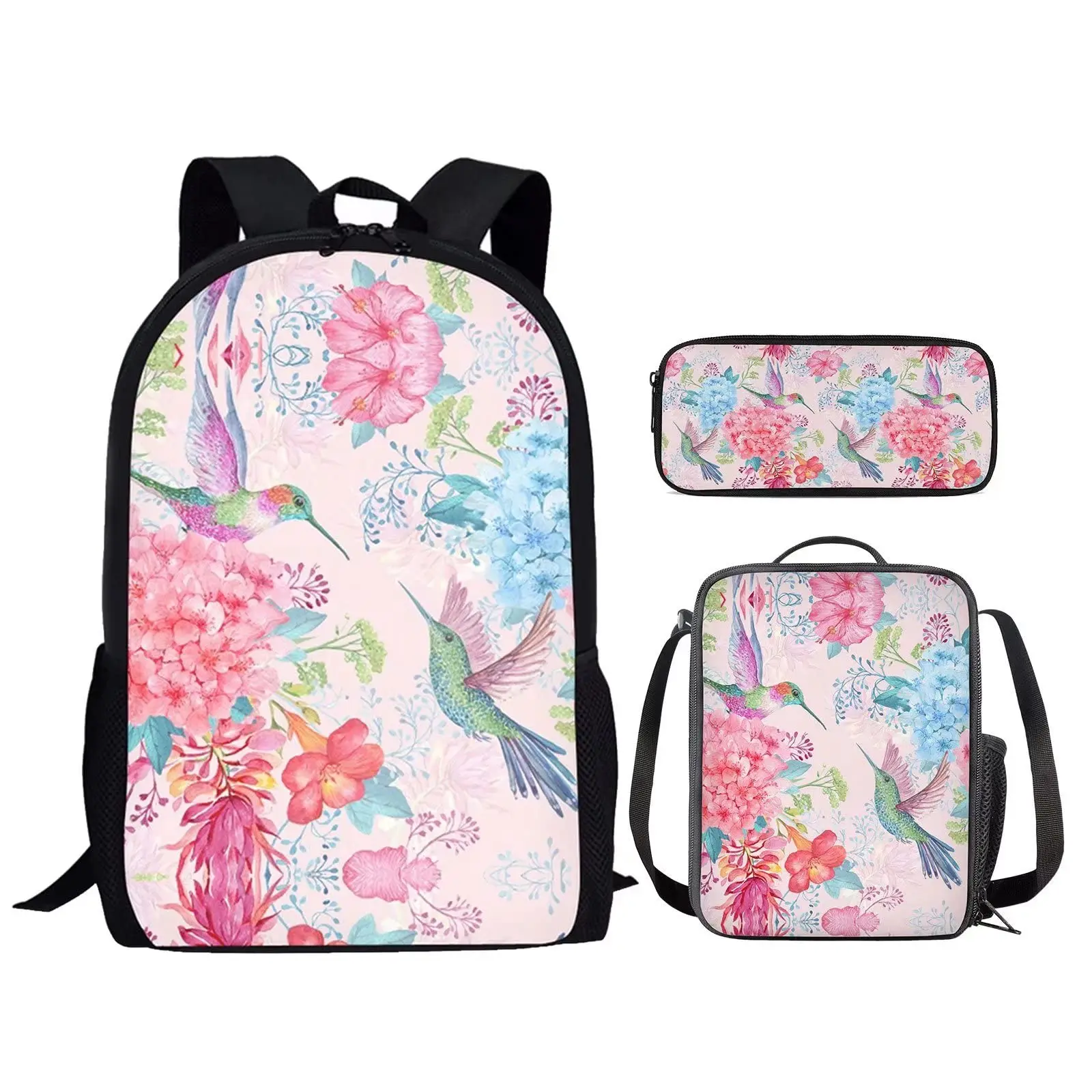 Hummingbird Pink Floral Backpack for Girls School Bags with Lunch Box Pencil Case Set of 3 Kids Bookbag Student Casual Daypack