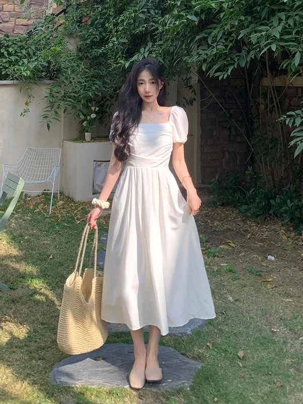 

plus Size Women's Square Neck Bubble Sleeve Dress Slimming Waist Design A-Line Long Skirt Summer New Style High Waist Short S...