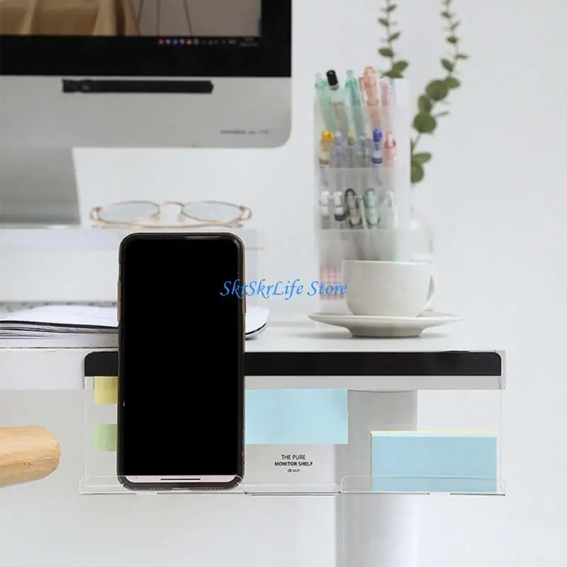 E65E Acylic Memo Sign Self-adhesive Note Board Computer Monitor Message Board with Phone Holder Charging Slot for Office Desk
