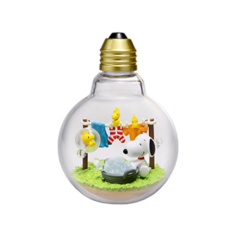 RE-MENT Snoopy miniatur botol cuaca, koleksi Model boneka ornamen hadiah adegan dalam botol cuaca