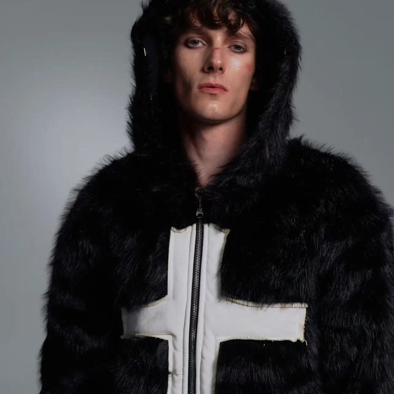 Casaco masculino elegante com capuz cruzado, casaco de inverno de pele artificial resistente ao frio de pelúcia casual moda y2k preto tops overwear masculino