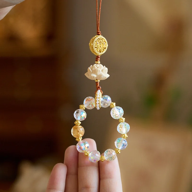 New Chinese Style Boxwood Lotus Phone Chain Bag Charm Colorful Incense Ash Glass Jewelry Exquisite Festival Gift