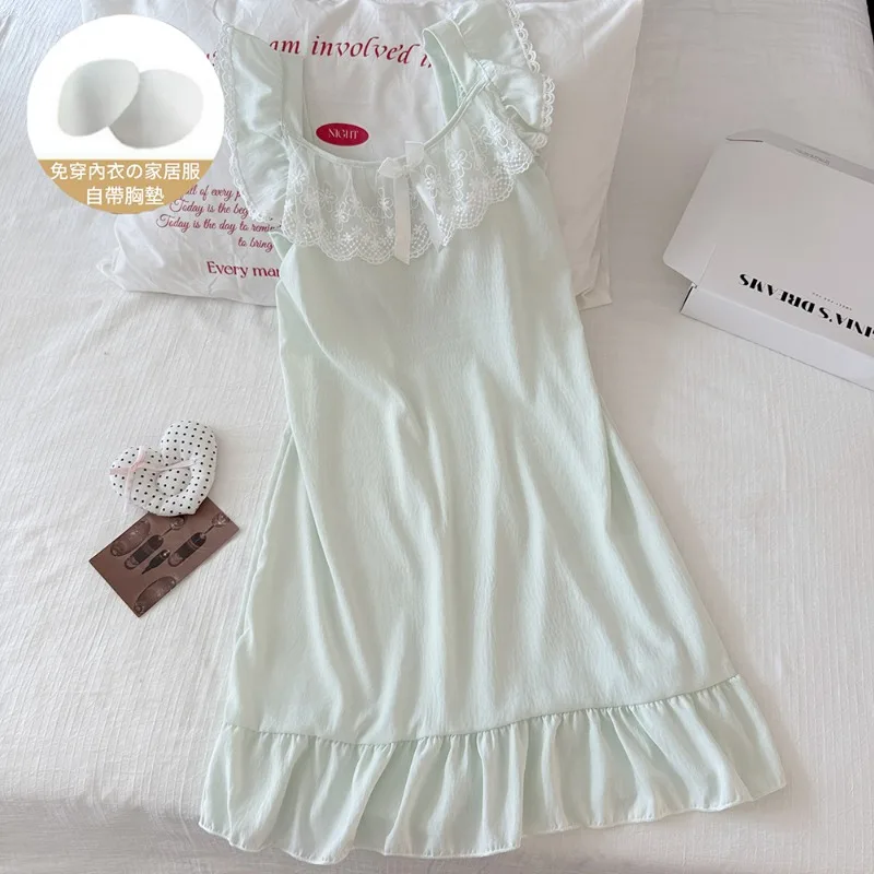 New Women Summer Sleeveless Nightgown Chest Pads Girl Lace Casual Homewear Student Wearable At Home Ladies Casual Sleepwear Lady - view 3
