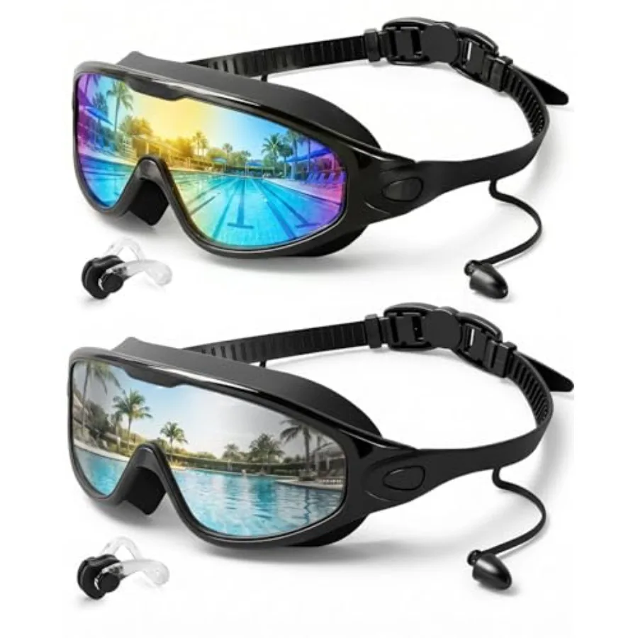 Swim Goggles 2 Pack, Wide View Anti FogandUV Swimming Goggles for Audlt, No Leak Pool Beach Essentials for Men Women