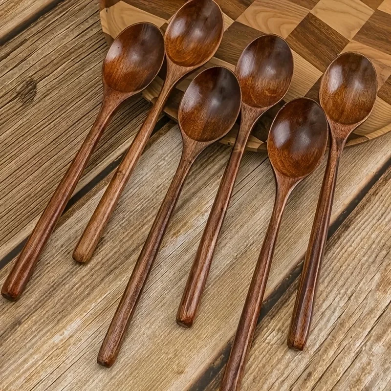 6pcs Multifunctional Handle Wooden Spoon Set, Soup Ladle, Dessert Spoon, Coffee Spoon, Stirring Spoon,