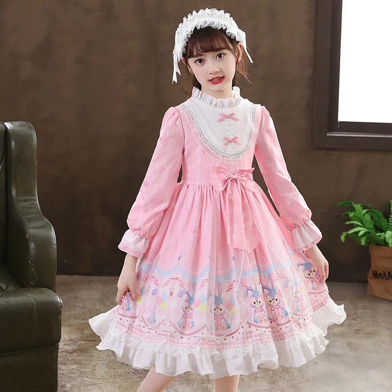 Lolita Style Girls Dress Net Yarn Splicing Cartoon Rabbit Print Bow Decorate Long Sleeve Party Princess Dress For 4-12Y Kids