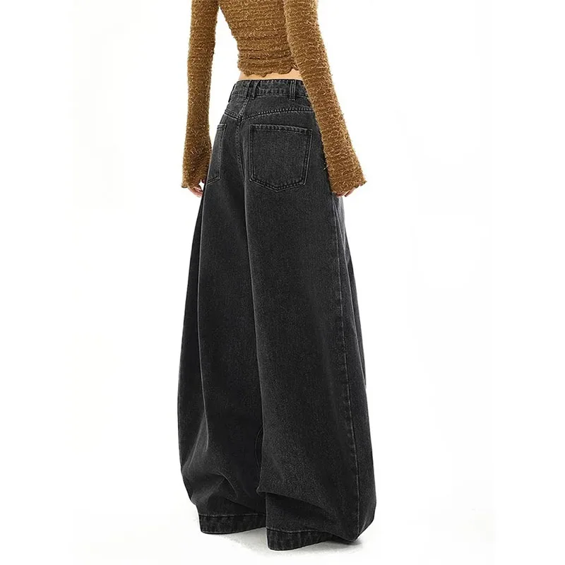 Women Straight Leg Floor Length Jeans Autumn Femme High Waist Casual Denim Pantalons Retro Ladies Loose Wide-leg Cowboy Trousers