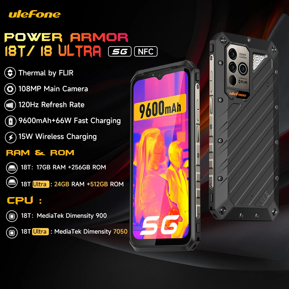 ulefone power armor 18t ultra 5g telefone robusto camera de imagem termica flircelular global smartphone 256gb 512gb 9600mah 66w 01